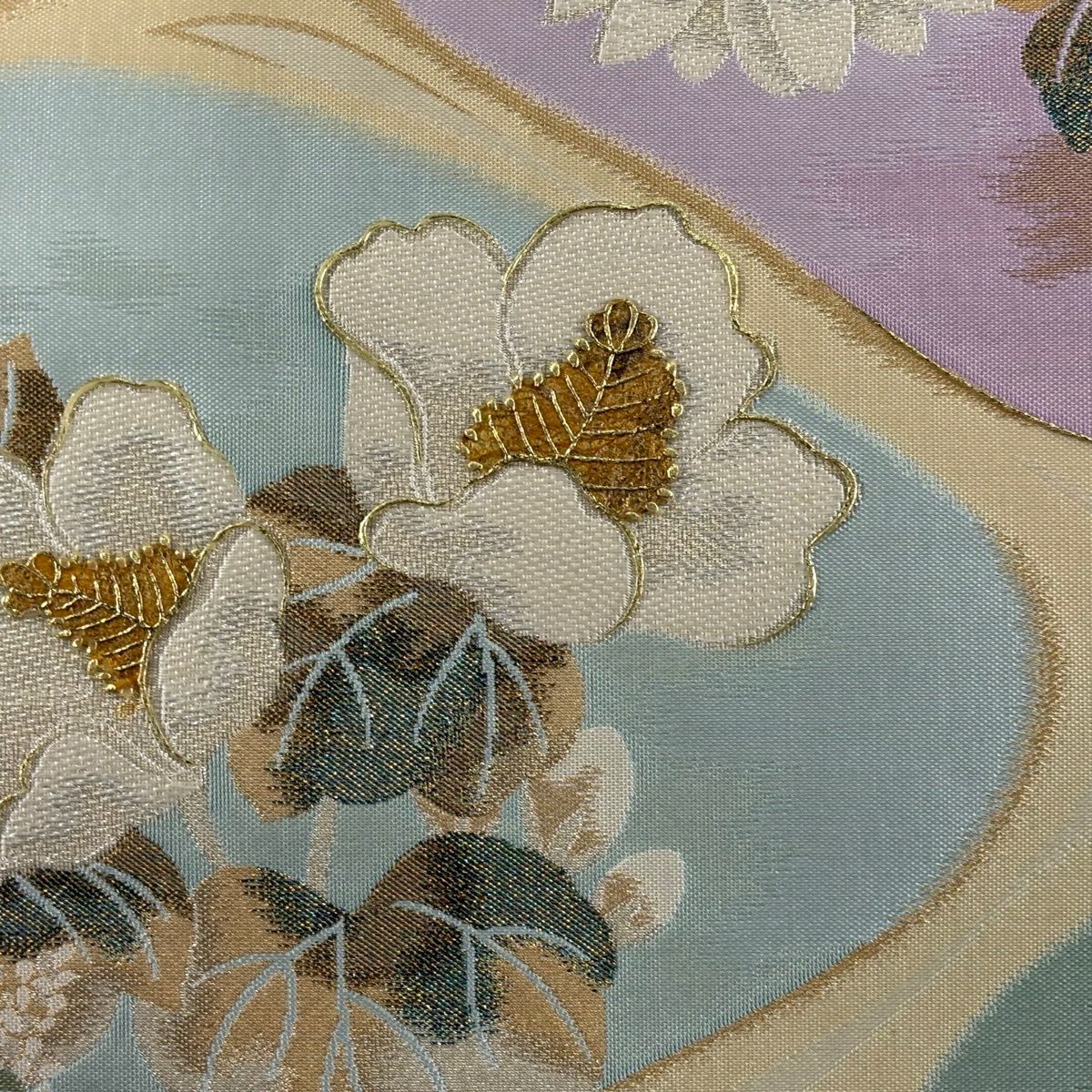 【美品】 袋帶 秀品級 菊花 流水 金銀絲 金銀彩 米色 大鼓圖案 純蠶絲