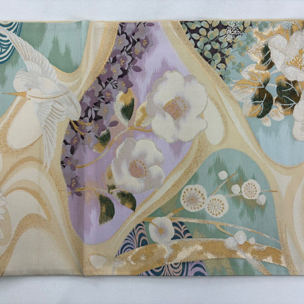 【美品】 袋帶 秀品級 菊花 流水 金銀絲 金銀彩 米色 大鼓圖案 純蠶絲