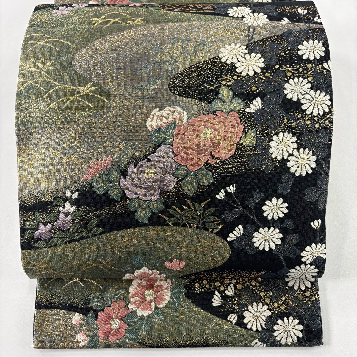 【美品】 袋帶 秀品級 菊花 椿 金金箔 黑 六通 純蠶絲