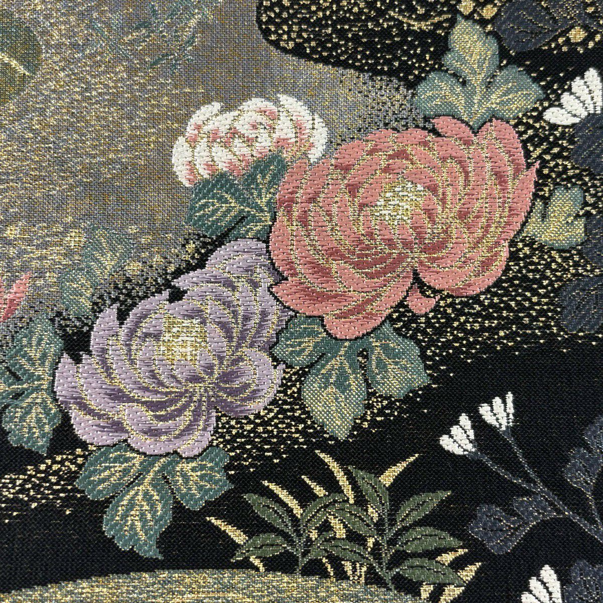 【美品】 袋帶 秀品級 菊花 椿 金金箔 黑 六通 純蠶絲