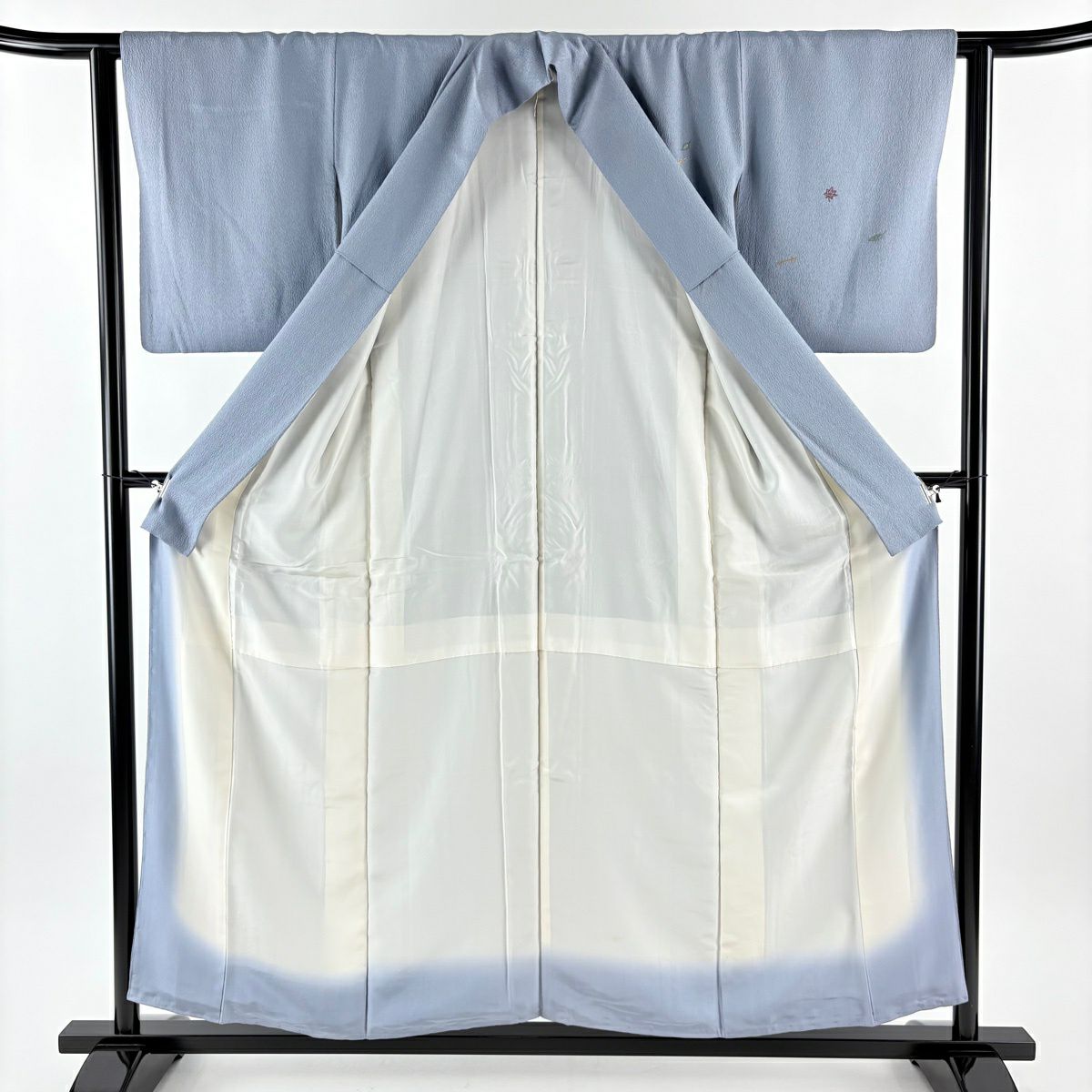 付下 身長155cm 袖長61.5cm S 雙層 菊花 吹寄刺繡 青灰 純蠶絲 秀品級