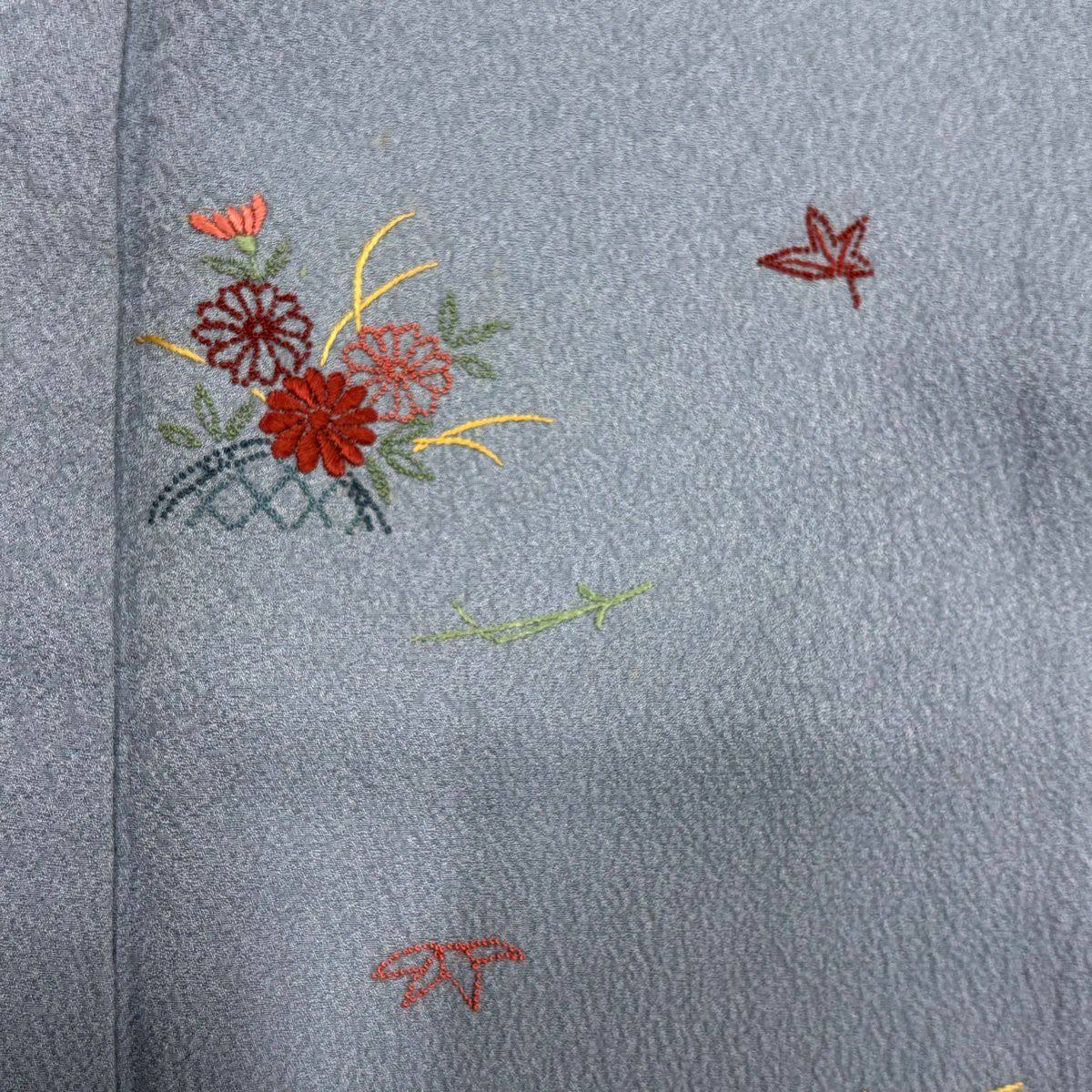 付下 身長155cm 袖長61.5cm S 雙層 菊花 吹寄刺繡 青灰 純蠶絲 秀品級