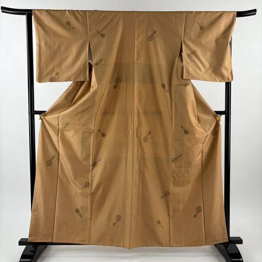 【美品】 紬織 身長161cm 袖長66cm M 雙層 瓢箪 草花紋紋 山吹茶 純蠶絲 秀品級