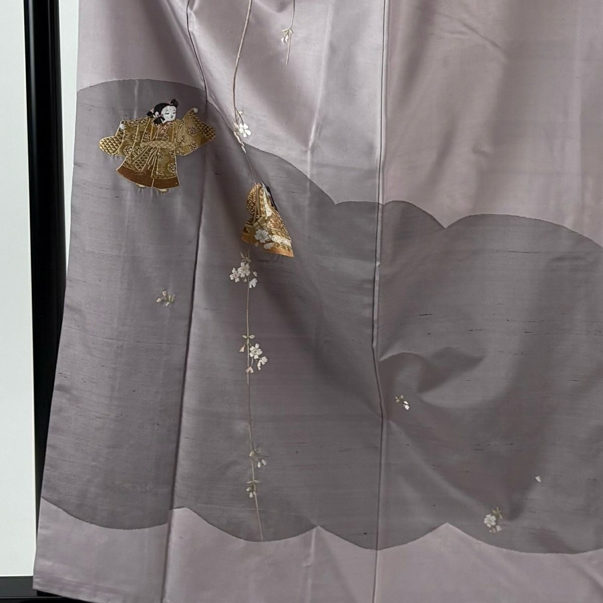 訪問服 身長161cm 袖長65.5cm M 雙層 紬織織 人物 枝垂櫻 刺繡 淺紫 純蠶絲 秀品級