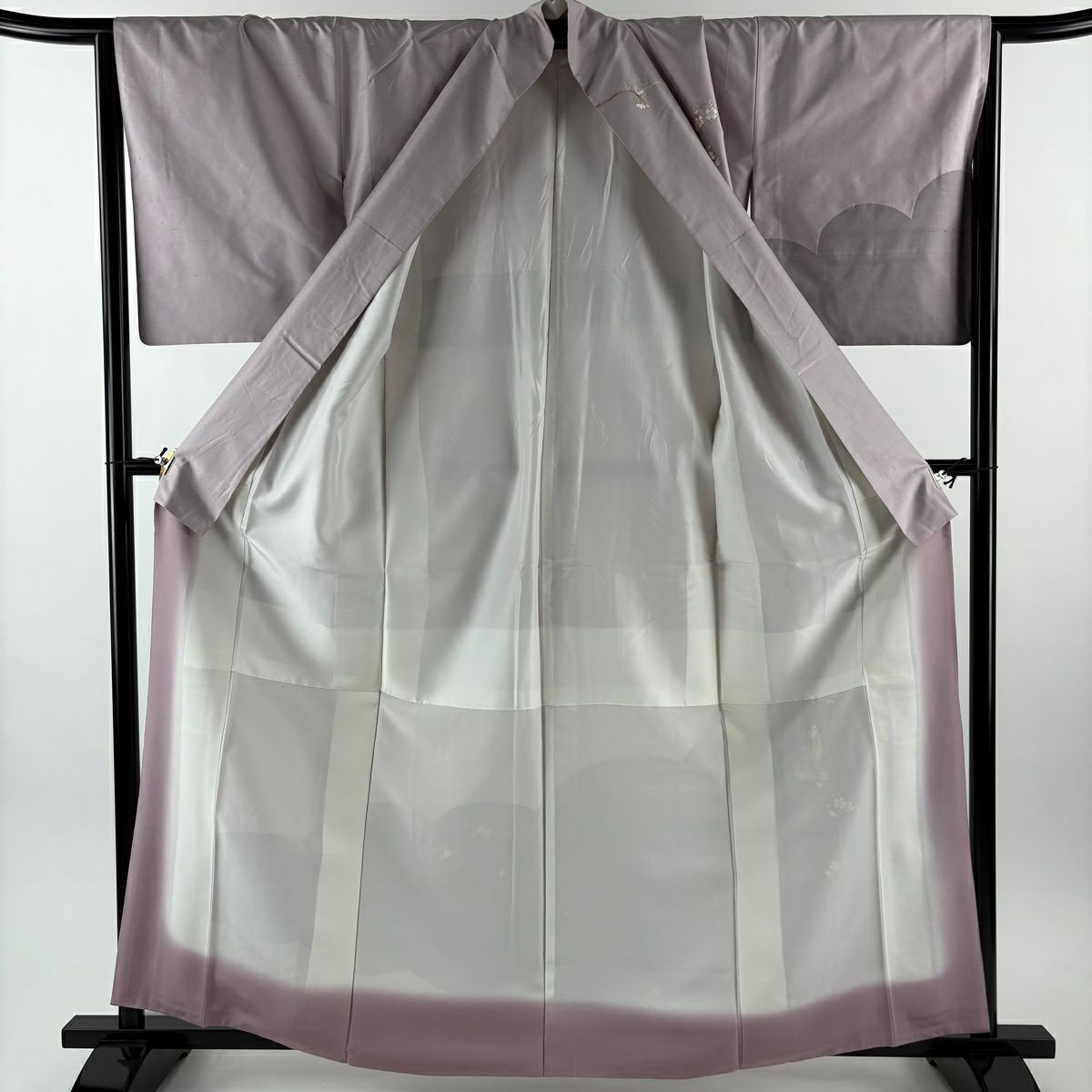 訪問服 身長161cm 袖長65.5cm M 雙層 紬織織 人物 枝垂櫻 刺繡 淺紫 純蠶絲 秀品級