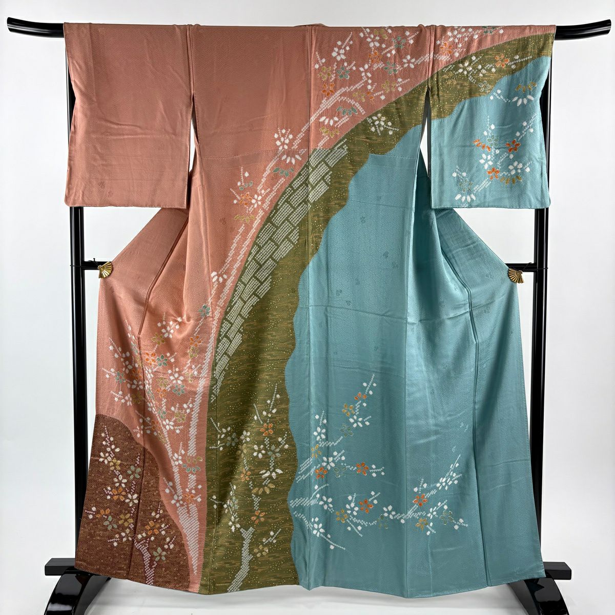 【美品】訪問服 身長162cm 袖長67cm M 雙層 枝梅花 観世水 絞染 粉米色 純蠶絲 秀品級