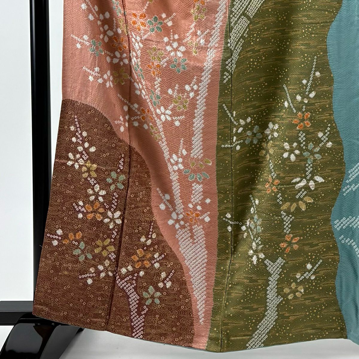 【美品】訪問服 身長162cm 袖長67cm M 雙層 枝梅花 観世水 絞染 粉米色 純蠶絲 秀品級
