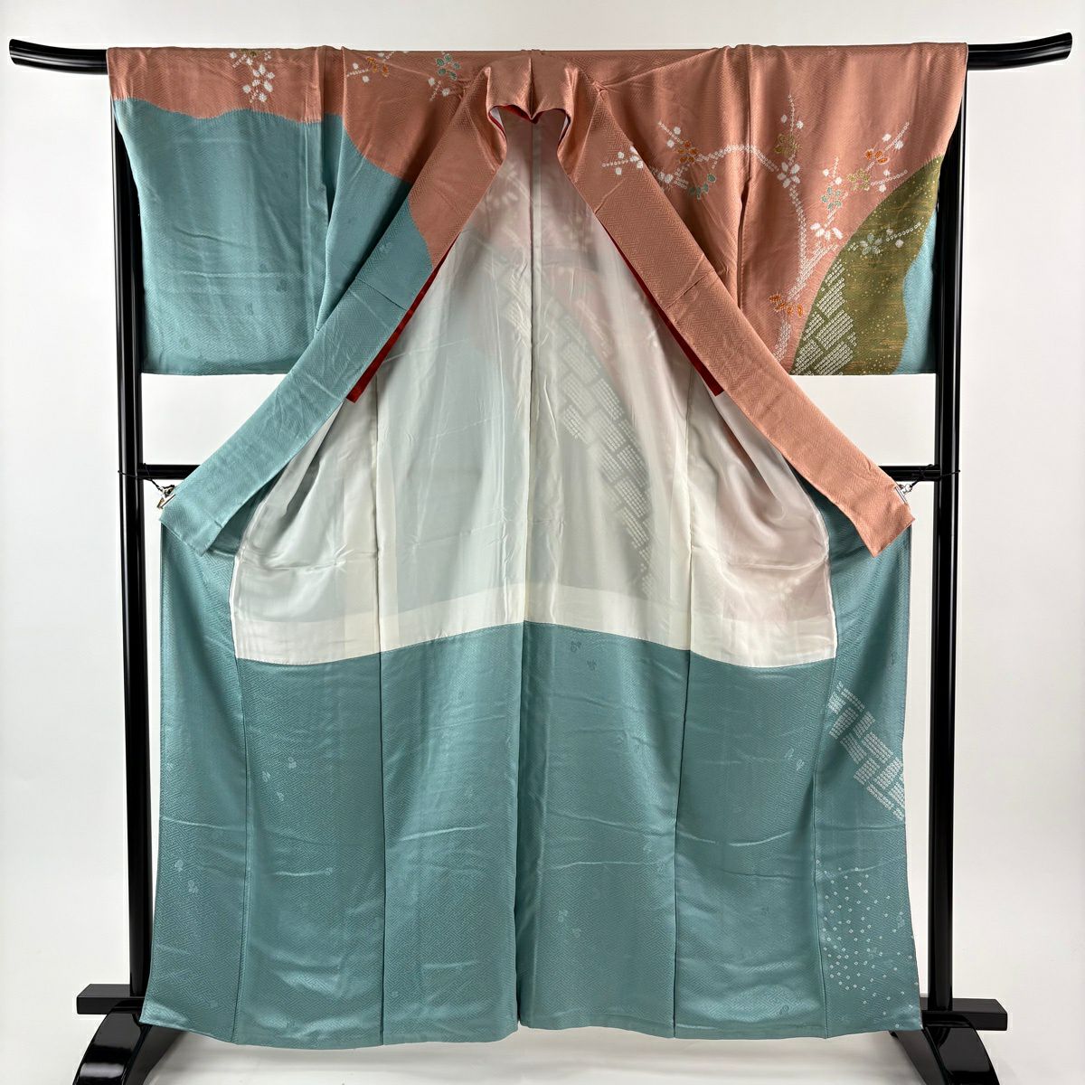 【美品】訪問服 身長162cm 袖長67cm M 雙層 枝梅花 観世水 絞染 粉米色 純蠶絲 秀品級