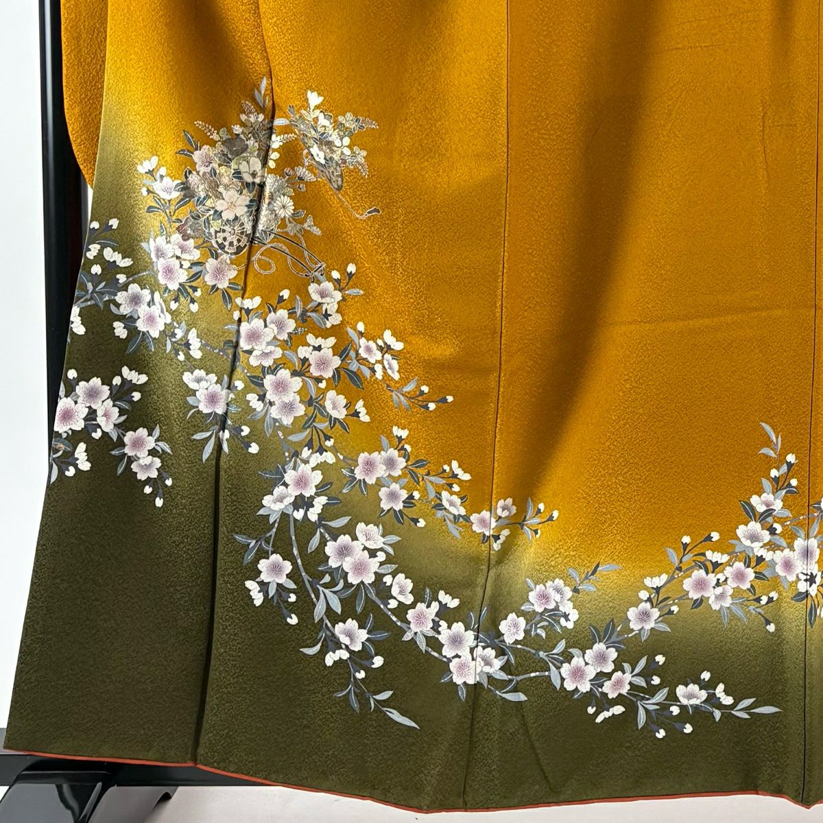 振袖禮服 身長159cm 袖長65cm M 雙層 鈴乃屋 花車 櫻花 金銀彩 漸層 山吹茶 純蠶絲 秀品級