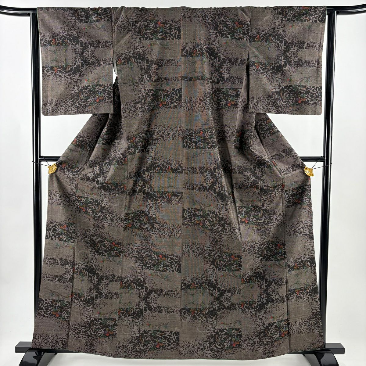 【美品】 紬織 身長163cm 袖長64cm M 雙層 巴齊領 草花紋紋 焦茶 純蠶絲 優品級