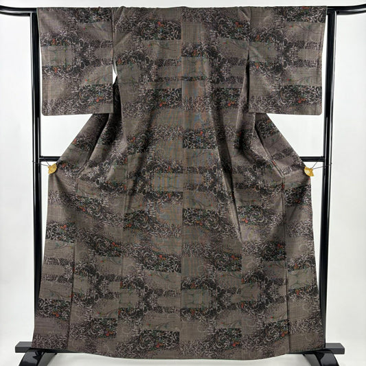 【美品】 紬織 身長163cm 袖長64cm M 雙層 巴齊領 草花紋紋 焦茶 純蠶絲 優品級