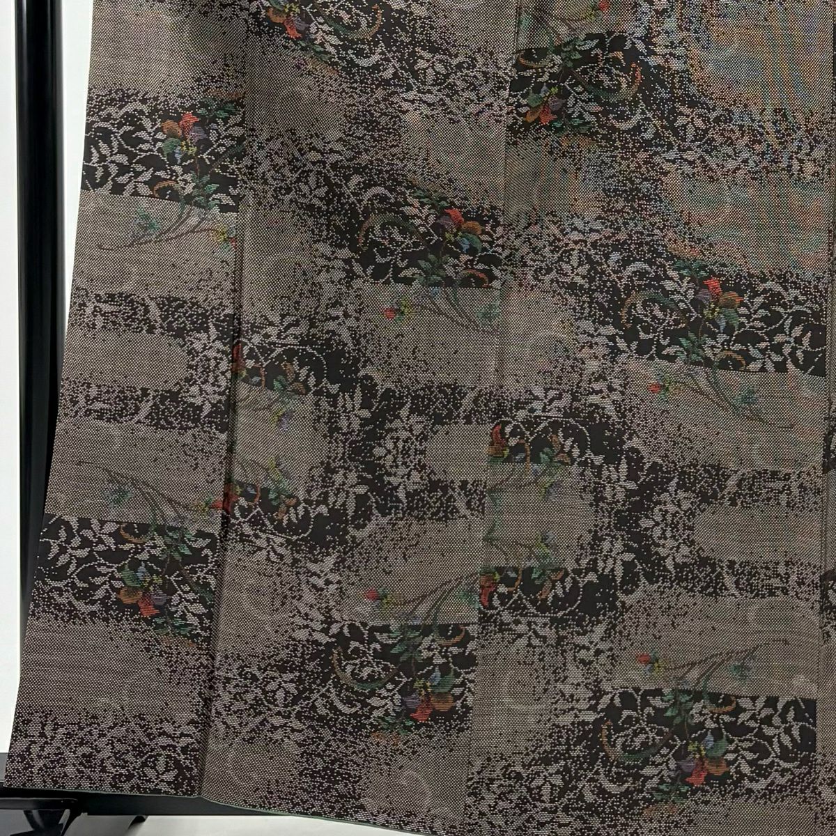 【美品】 紬織 身長163cm 袖長64cm M 雙層 巴齊領 草花紋紋 焦茶 純蠶絲 優品級