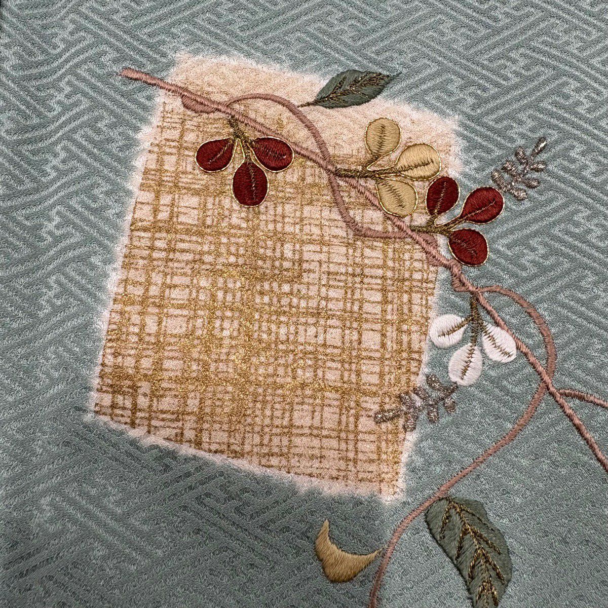 付下 身長162cm 袖長63cm S 雙層 菊花 萩 金糸 刺繡 淺綠 純蠶絲 優品級