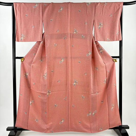 【美品】 小紋 身長160.5cm 袖長66cm M 雙層 辻花染 金銀彩 粉紅 純蠶絲 秀品級
