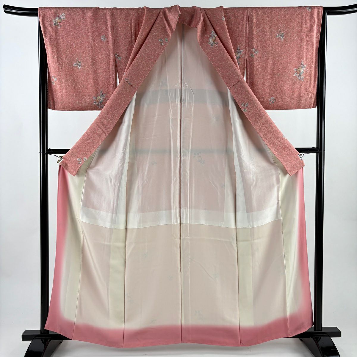 【美品】 小紋 身長160.5cm 袖長66cm M 雙層 辻花染 金銀彩 粉紅 純蠶絲 秀品級