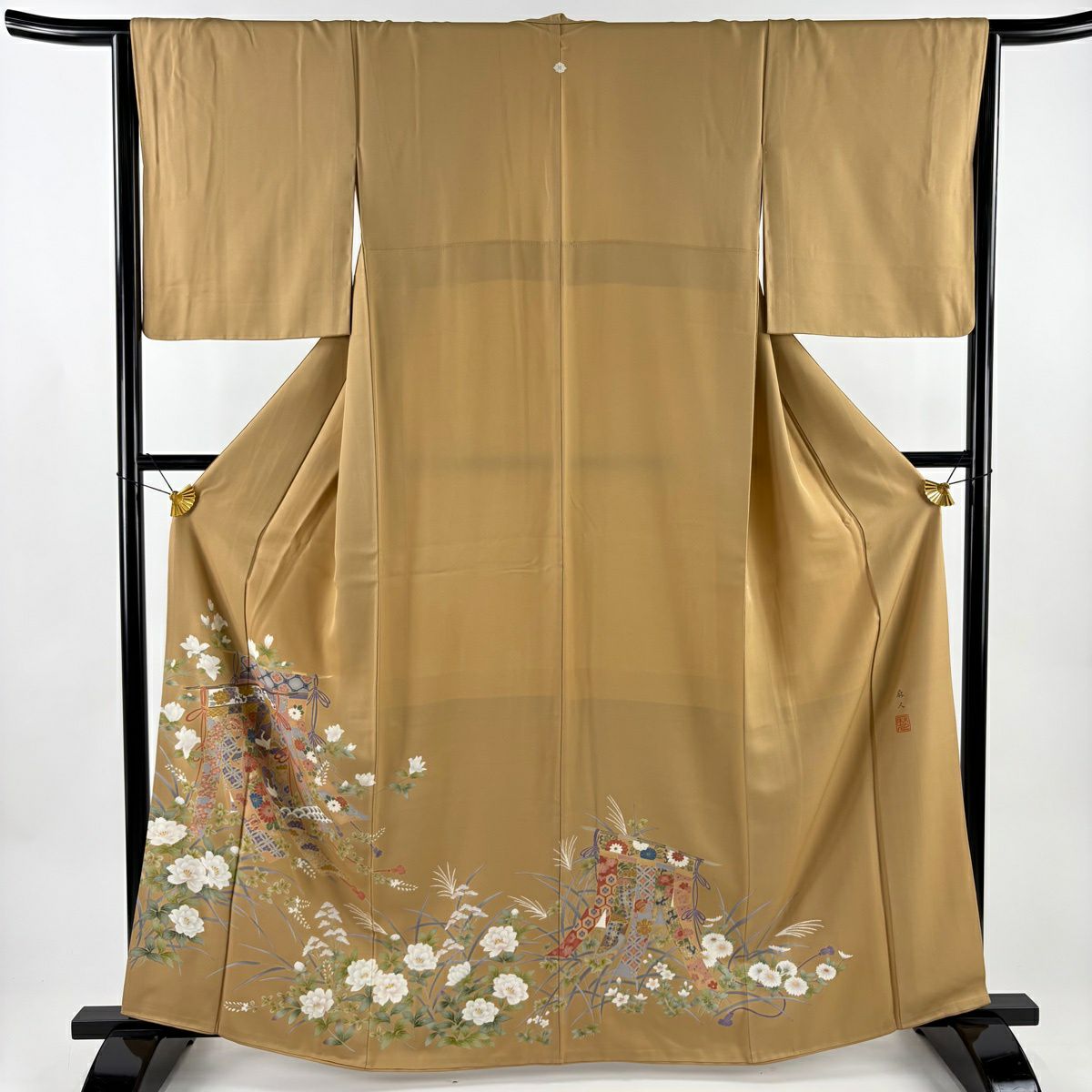 色留袖禮服 身長162cm 袖長66cm M 雙層 落款あり 幾帳 牡丹 金銀彩 薄茶 純蠶絲 秀品級 一つ紋