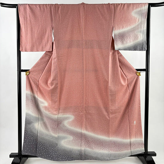 【美品】訪問服 身長162cm 袖長66cm M 雙層 落款あり ヱ霞 幾何學圖案 金彩裝飾 絞染 粉紅 純蠶絲 秀品級