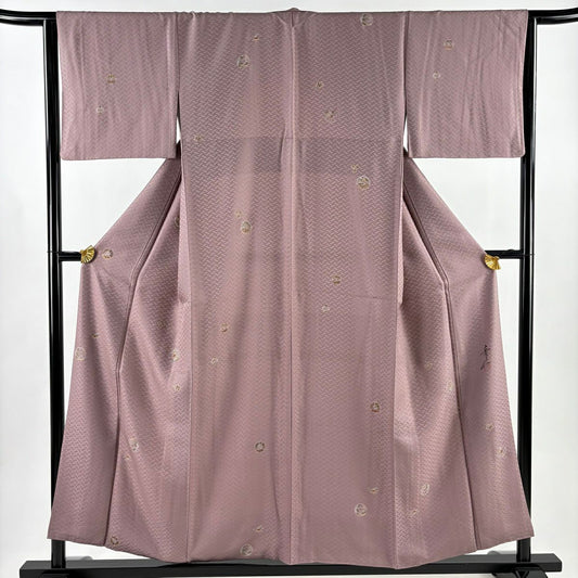 【美品】 小紋 身長154.5cm 袖長65cm M 雙層 浅井青仁 落款あり 花丸紋 地紋 金銀彩 灰紫 純蠶絲 秀品級