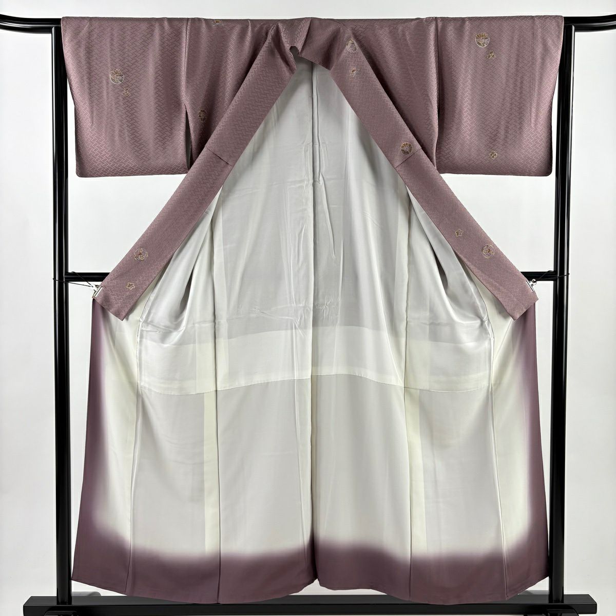 【美品】 小紋 身長154.5cm 袖長65cm M 雙層 浅井青仁 落款あり 花丸紋 地紋 金銀彩 灰紫 純蠶絲 秀品級