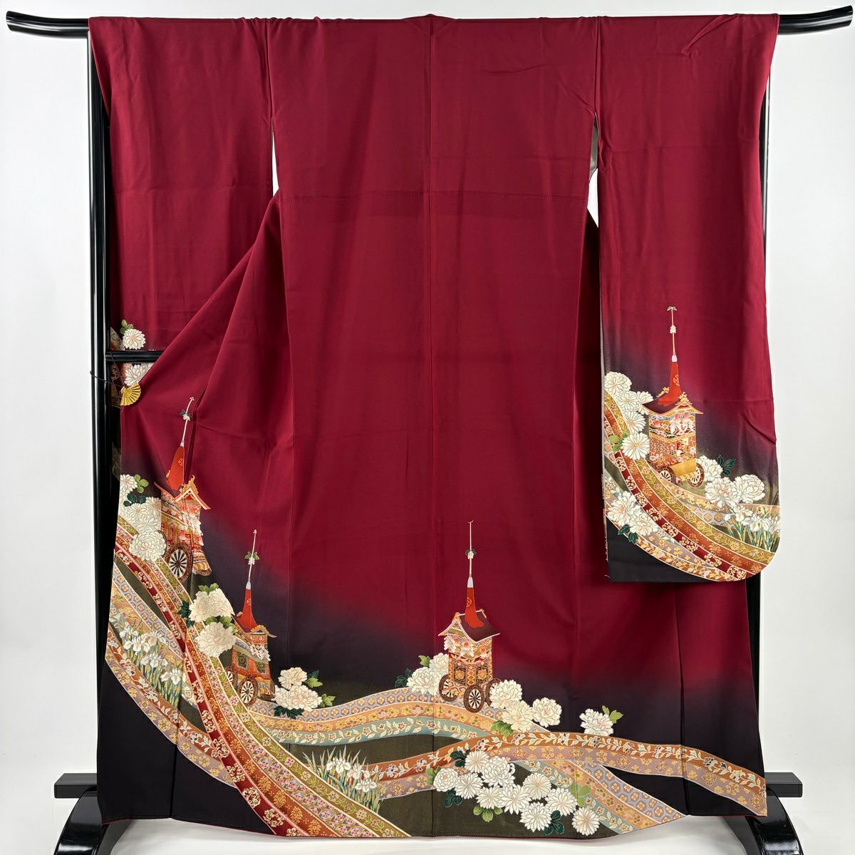 振袖禮服 身長166.5cm 袖長68cm L 雙層 山鉾 草花紋紋 金彩裝飾 染分 銀紅 純蠶絲 優品級