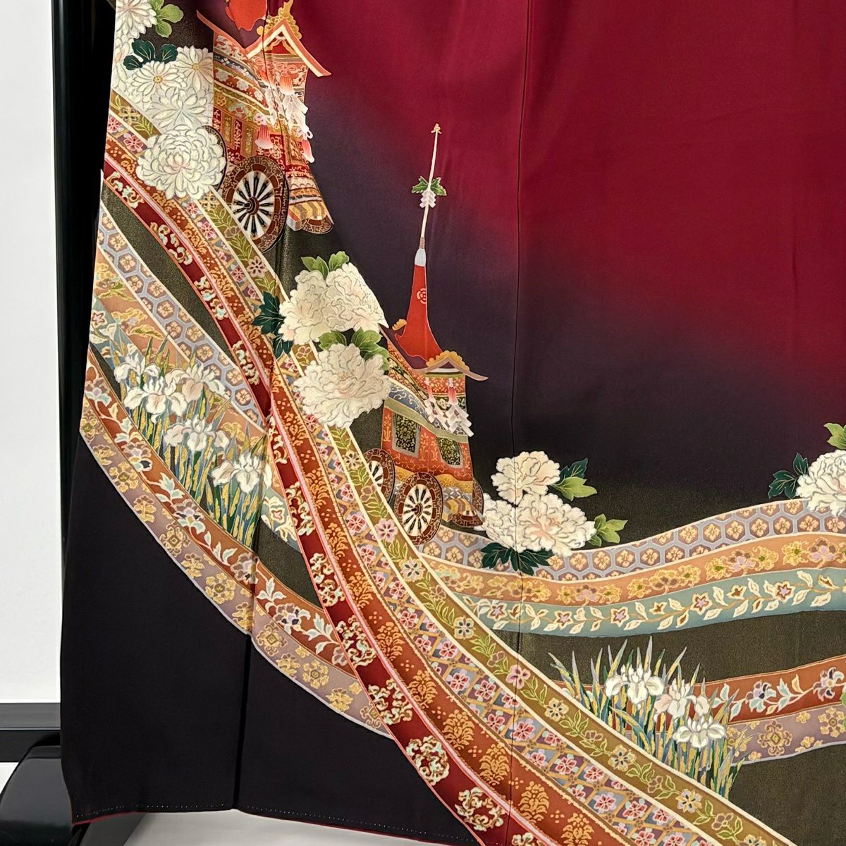 振袖禮服 身長166.5cm 袖長68cm L 雙層 山鉾 草花紋紋 金彩裝飾 染分 銀紅 純蠶絲 優品級
