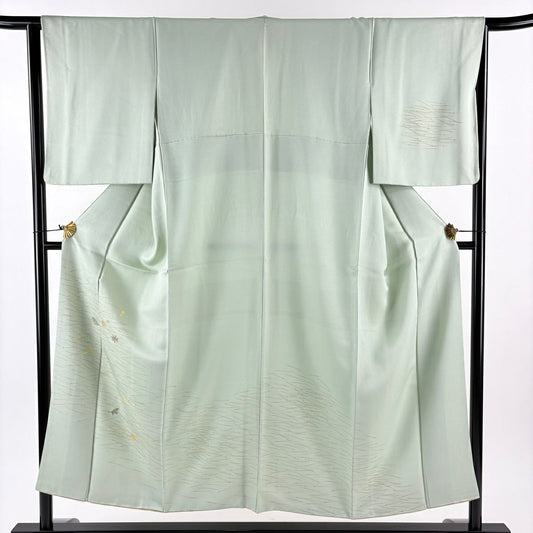 付下 身長152.5cm 袖長64.5cm M 雙層 吹寄 金通 金絲 淺綠 純蠶絲 優品級