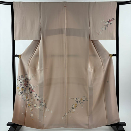 【美品】 付下 身長161cm 袖長63.5cm S 雙層 落款あり 菊花 草花紋紋 漸層 粉米色 純蠶絲 秀品級 一つ紋