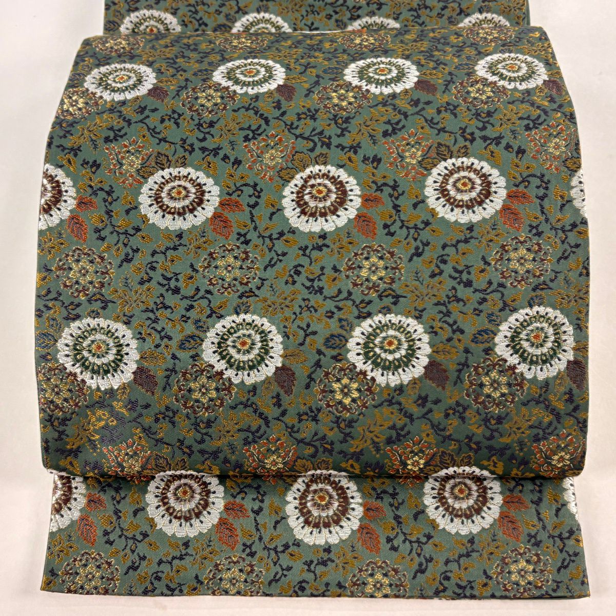【美品】 袋帶 秀品級 菊花花唐草紋 金絲 深綠 六通 純蠶絲