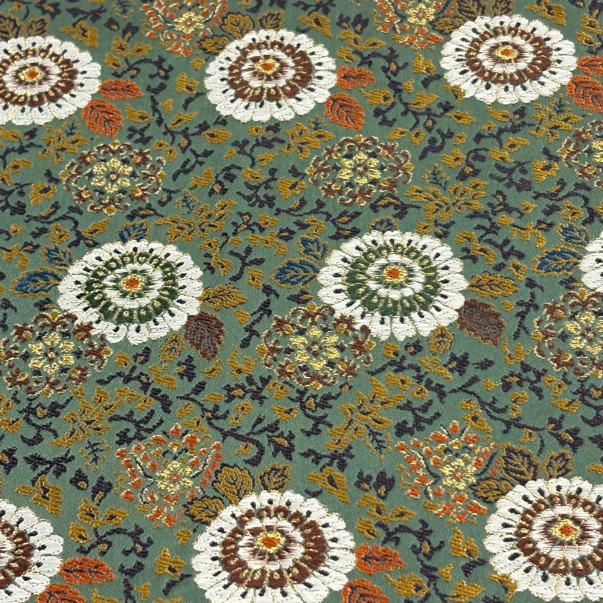 【美品】 袋帶 秀品級 菊花花唐草紋 金絲 深綠 六通 純蠶絲