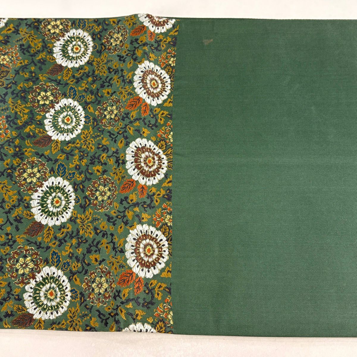 【美品】 袋帶 秀品級 菊花花唐草紋 金絲 深綠 六通 純蠶絲