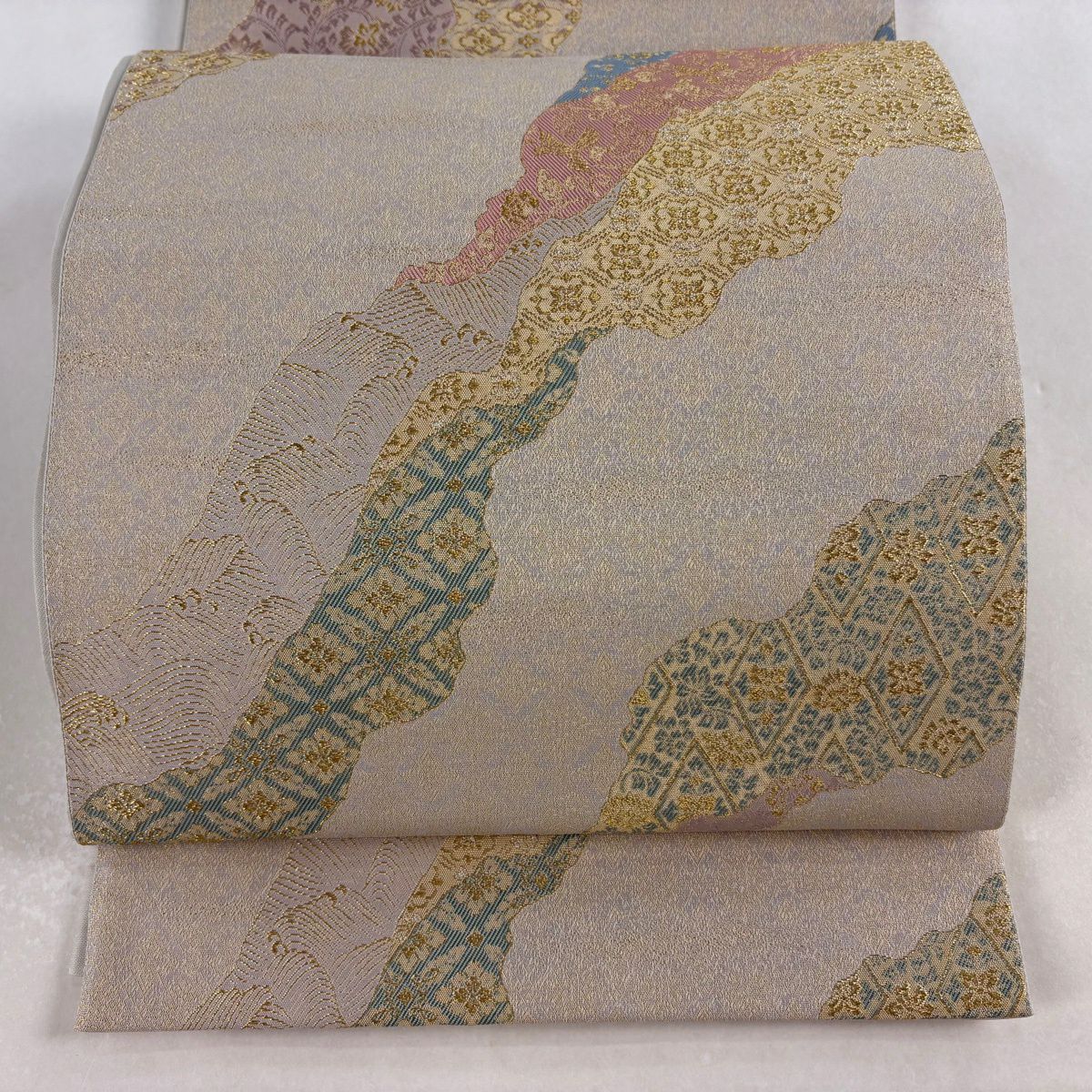 【美品】 袋帶 秀品級 道長 花鳥 金銀糸 灰茶 六通 純蠶絲