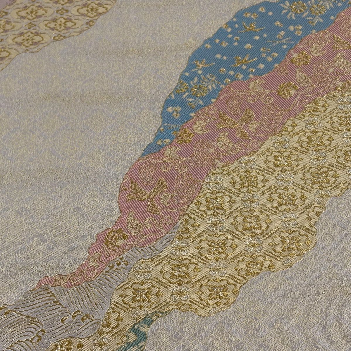 【美品】 袋帶 秀品級 道長 花鳥 金銀糸 灰茶 六通 純蠶絲