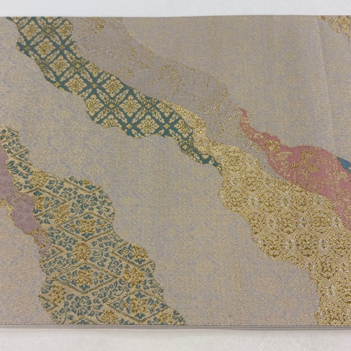 【美品】 袋帶 秀品級 道長 花鳥 金銀糸 灰茶 六通 純蠶絲
