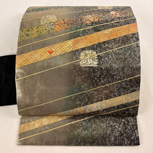 名古屋帶 秀品級 花唐草紋 七寶 螺鈿 金銀彩 茶綠 純蠶絲
