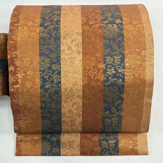 【美品】名古屋帶 秀品級 花唐草紋 縞 金金箔 紅茶 純蠶絲