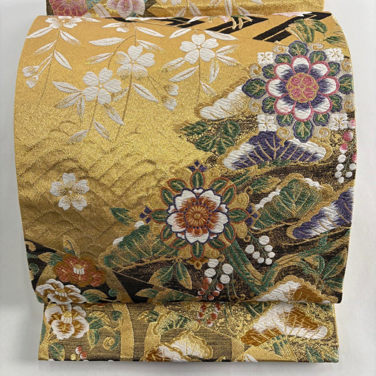 袋帶 秀品級 草花紋紋 笠松樹 金絲 唐織 金色 六通 純蠶絲