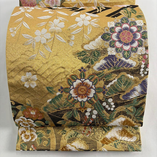 袋帶 秀品級 草花紋紋 笠松樹 金絲 唐織 金色 六通 純蠶絲