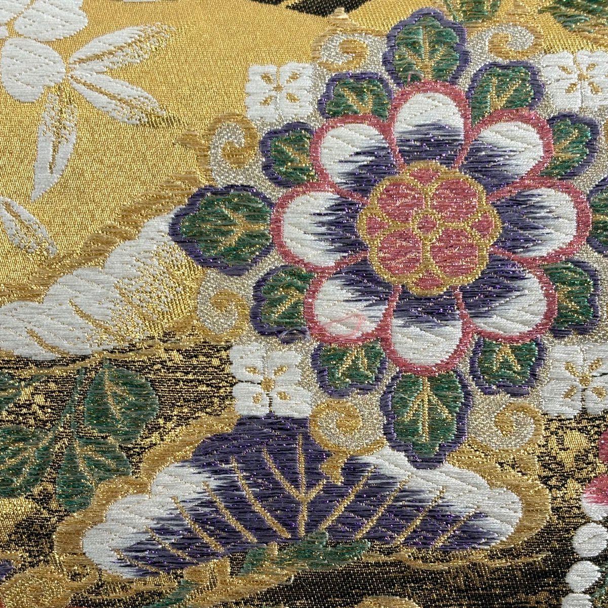 袋帶 秀品級 草花紋紋 笠松樹 金絲 唐織 金色 六通 純蠶絲