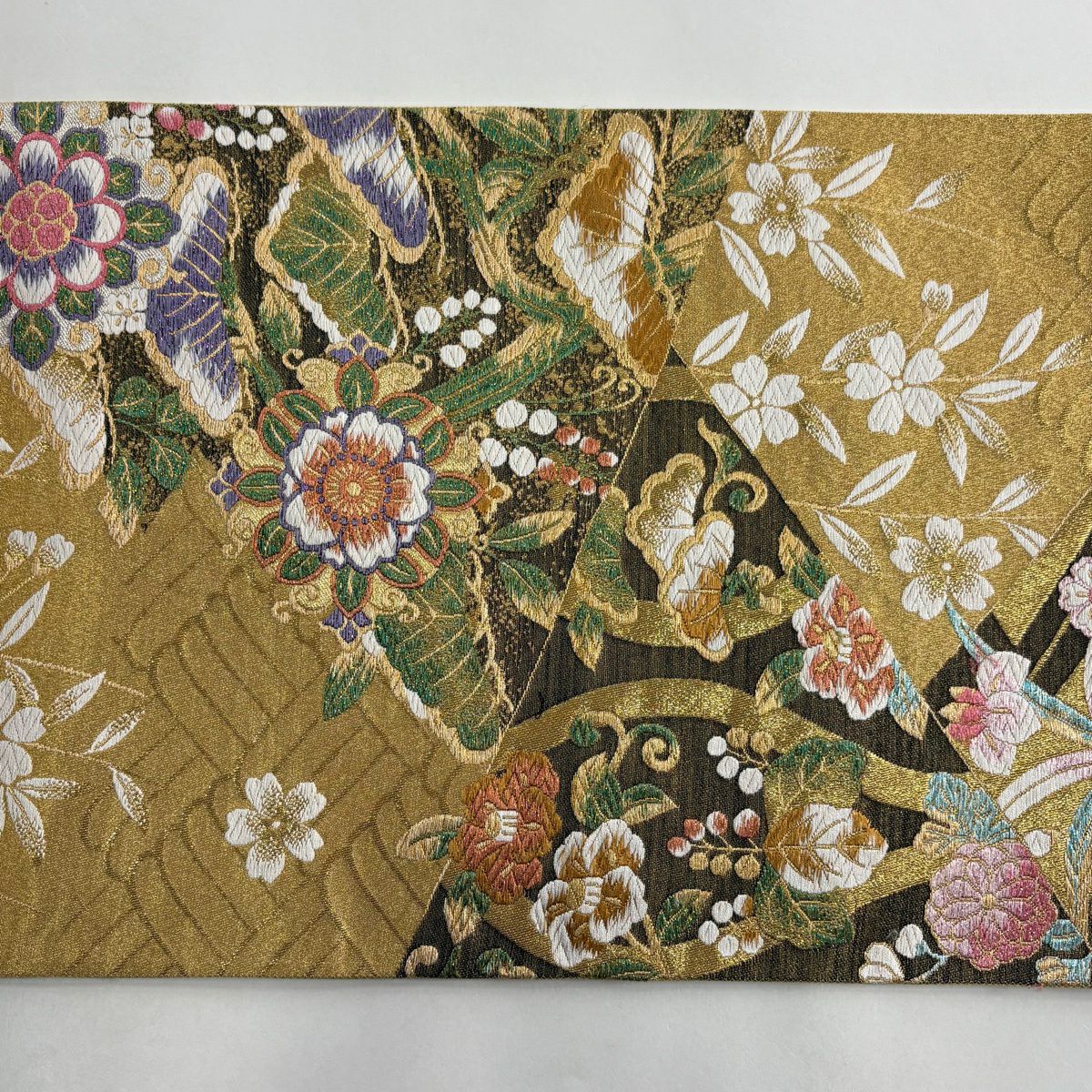 袋帶 秀品級 草花紋紋 笠松樹 金絲 唐織 金色 六通 純蠶絲