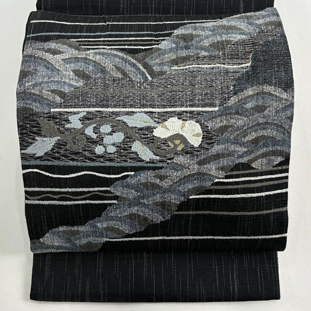 袋帶 秀品級 夏帶 花唐草紋 青海波 金絲 黑 お太鼓圖案 純蠶絲
