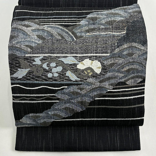 袋帶 秀品級 夏帶 花唐草紋 青海波 金絲 黑 お太鼓圖案 純蠶絲