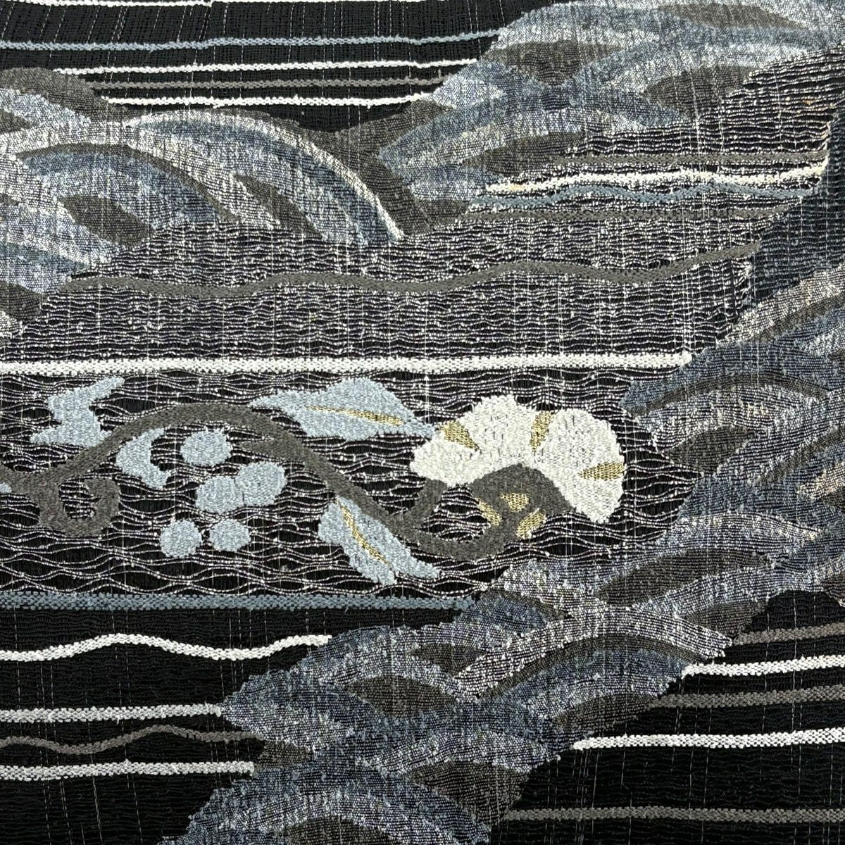 袋帶 秀品級 夏帶 花唐草紋 青海波 金絲 黑 お太鼓圖案 純蠶絲