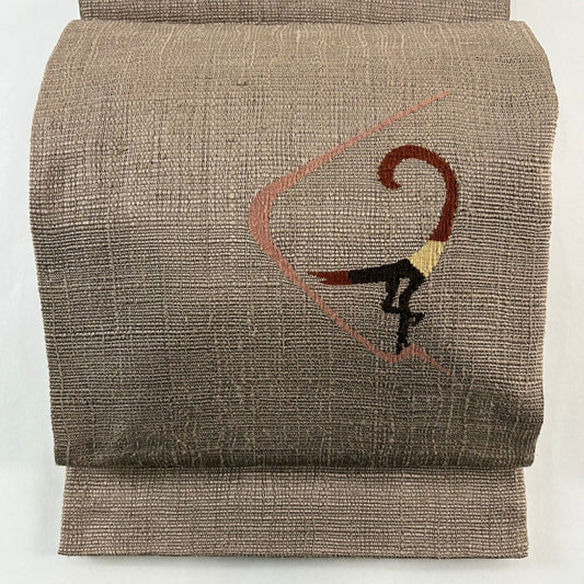 【美品】 袋帶 優品級 紬織織 鳥 灰茶 お太鼓圖案 純蠶絲