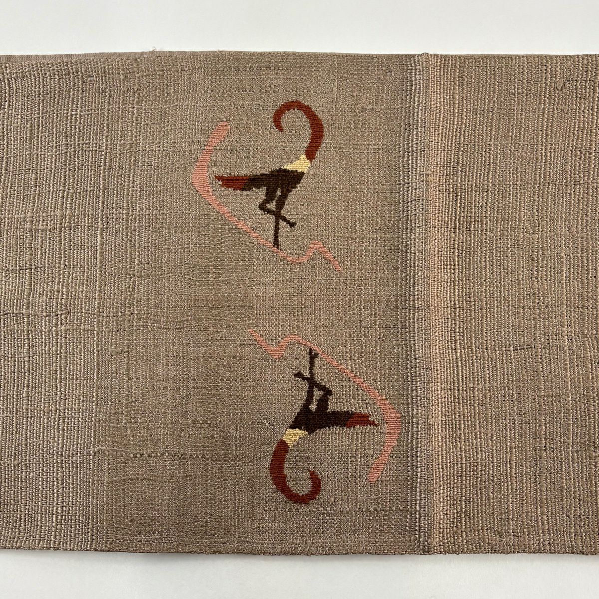 【美品】 袋帶 優品級 紬織織 鳥 灰茶 お太鼓圖案 純蠶絲