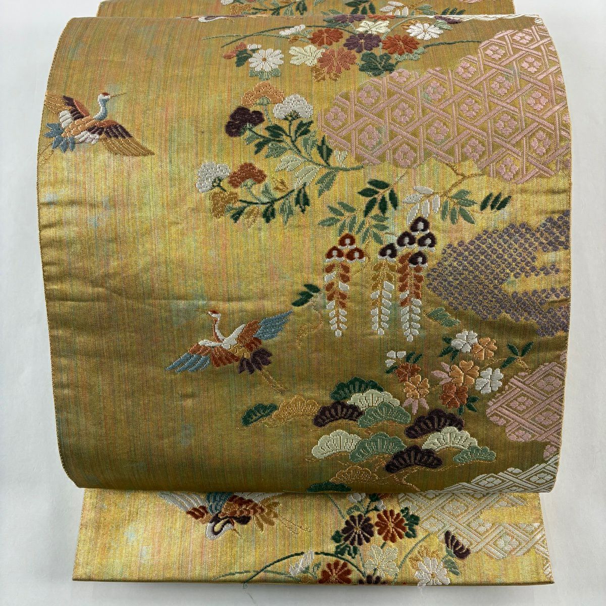 袋帶 秀品級 仙鶴 笠松樹 唐織 金金箔 金色 六通 純蠶絲