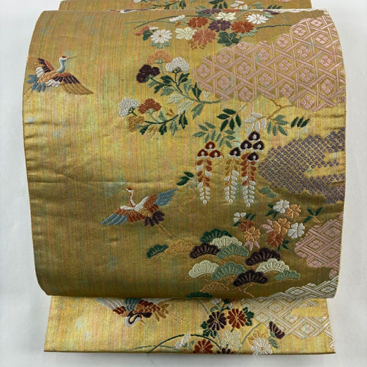 袋帶 秀品級 仙鶴 笠松樹 唐織 金金箔 金色 六通 純蠶絲