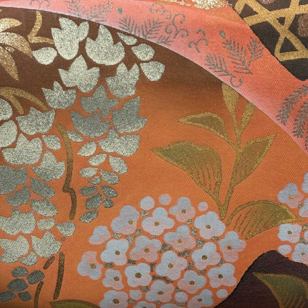 袋帶 秀品級 關西仕立 雙層 扇子面 草花紋紋 金銀彩 金金箔 橙色 六通 純蠶絲