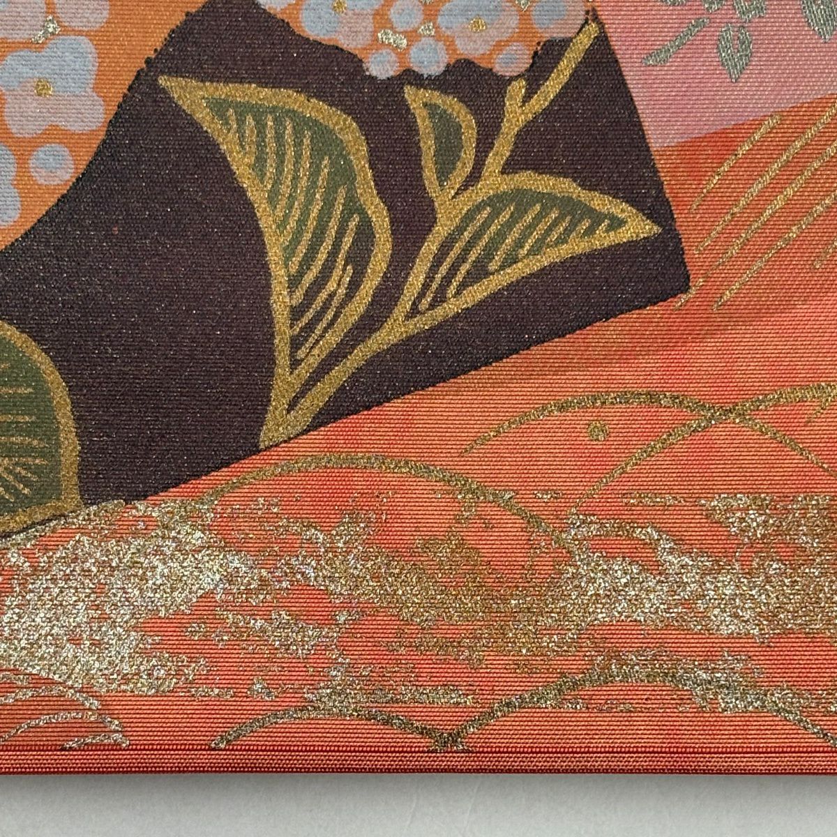 袋帶 秀品級 關西仕立 雙層 扇子面 草花紋紋 金銀彩 金金箔 橙色 六通 純蠶絲