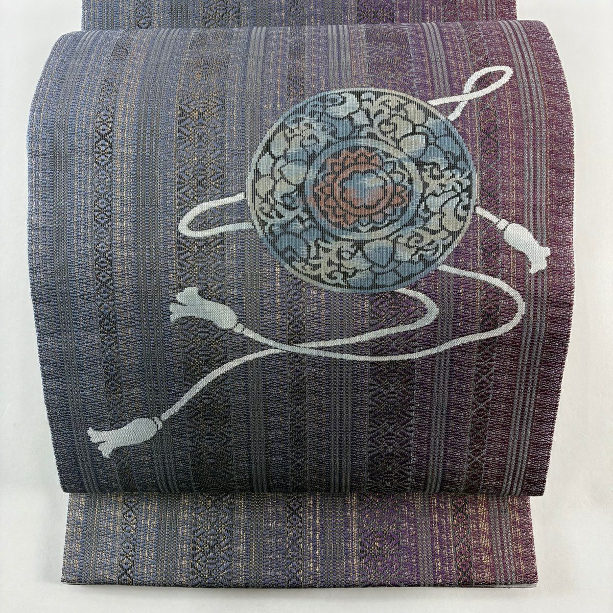 【美品】 袋帶 秀品級 鏡裏文 縞 金絲 灰紫 お太鼓圖案 純蠶絲