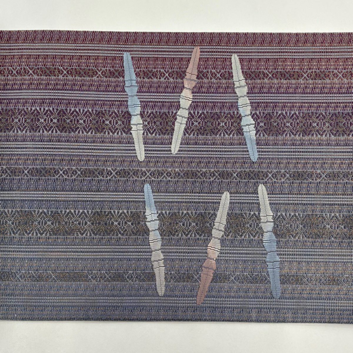 【美品】 袋帶 秀品級 鏡裏文 縞 金絲 灰紫 お太鼓圖案 純蠶絲